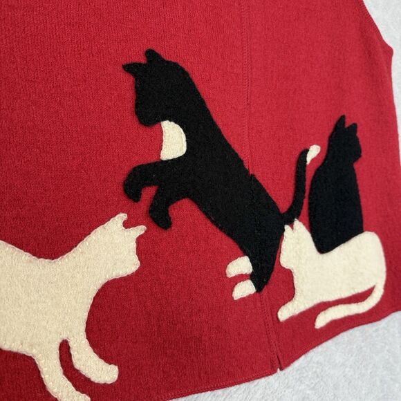 Coldwater Creek Boiled Wool Sweater Vest Womens M Red Playing Cats Grandmacore - Picture 3 of 10